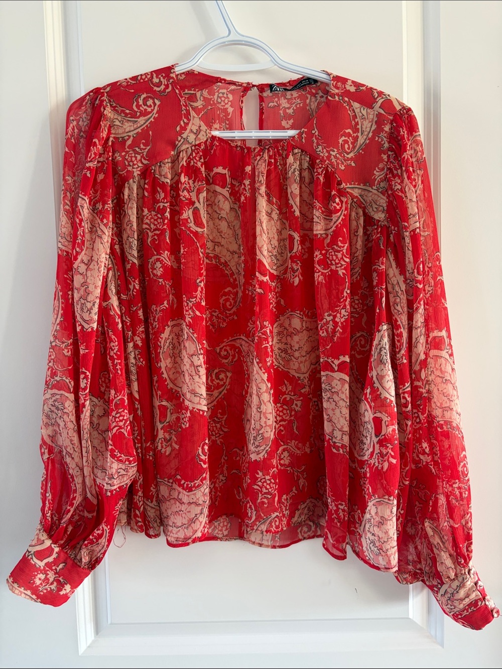 Zara orange Paisley Sheer Blouse with Cream Accents. C-4
